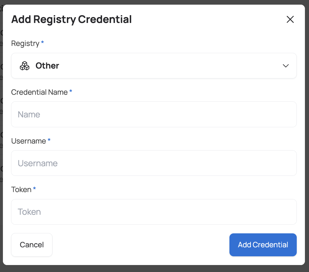 Add Registry Credential dialog showing the "Other" registry option with fields for credential name, username, and token